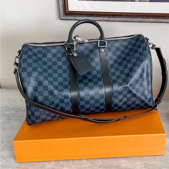 Elegant Checkered Navy and Black Men's Duffel Bag - Picture 1 of 12
